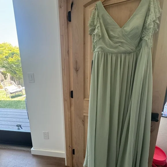 Azazie | Dresses | Azazie Zella Sage Green Flutter Sleeve Vneck Maxi Dress  | Poshmark